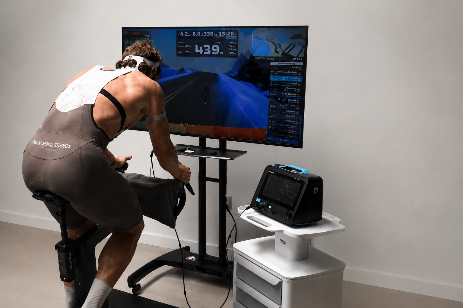 Athlete on bike being tested at NeverPeak Performance Lab in Austin with metabolic equipment visible